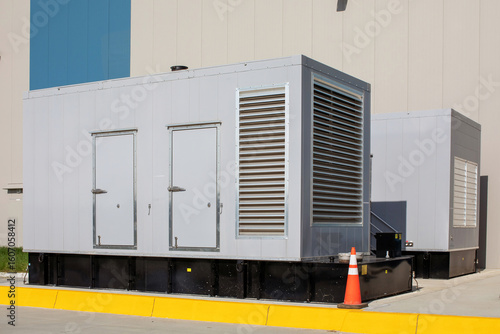 Standby diesel generators outside warehouse