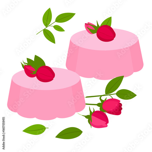 Delicate pink panna cotta desserts adorned with beautiful red rosebuds and fresh green leaves.