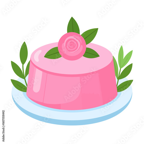 Elegant pink pudding dessert garnished with a decorative rose and fresh green leaves on a plate.