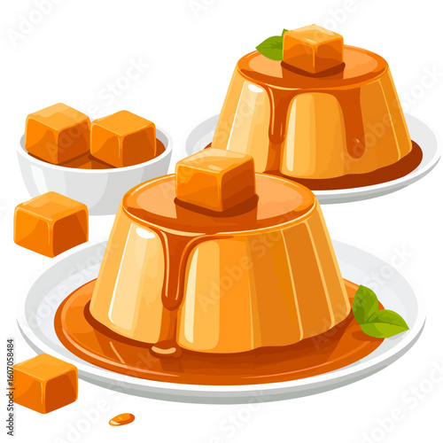 Two delicious caramel puddings with dripping sauce, topped with candy cubes and mint leaves, served on white plates.