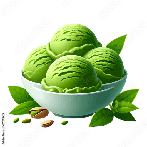 Four scoops of vibrant green pistachio ice cream in a bowl, garnished with fresh pistachios and mint leaves.
