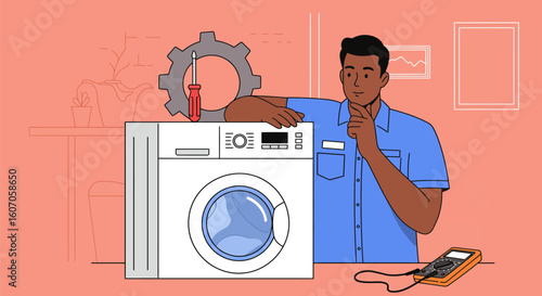 Thoughtful Technician Diagnosing Washing Machine Malfunction with Gear and Tool Symbolism in Vector Style Illustration