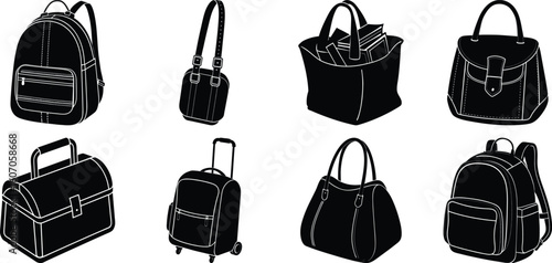 A collection of bags and luggage isolated on transparent background
