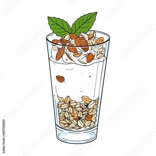 Illustrated yogurt parfait in a tall glass with layers of granola, almonds, and fresh mint leaves.