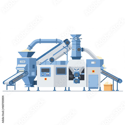 Modern industrial flour milling machinery processing grain for food production in a clean factory setting