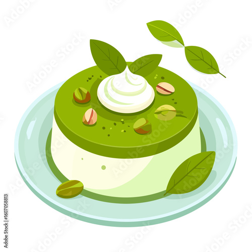 Creamy matcha panna cotta dessert with pistachio nuts, mint leaves, and a dollop of whipped cream.
