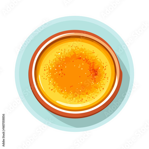 Top-down view of a cr?me br?l?e dessert with a golden caramelized sugar crust in a ramekin.