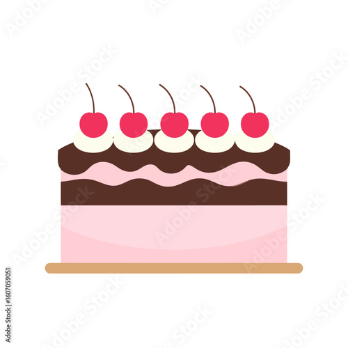 A delicious layered chocolate and pink cream cake, topped with dollops of whipped cream and five red cherries.