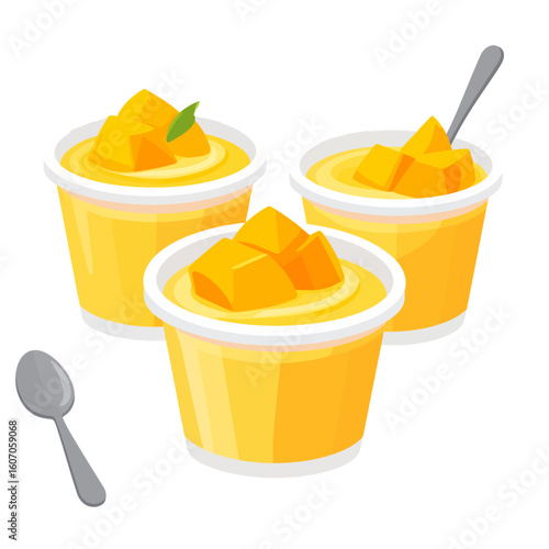 Three cups of creamy mango pudding dessert, topped with fresh diced mango chunks and a mint leaf.