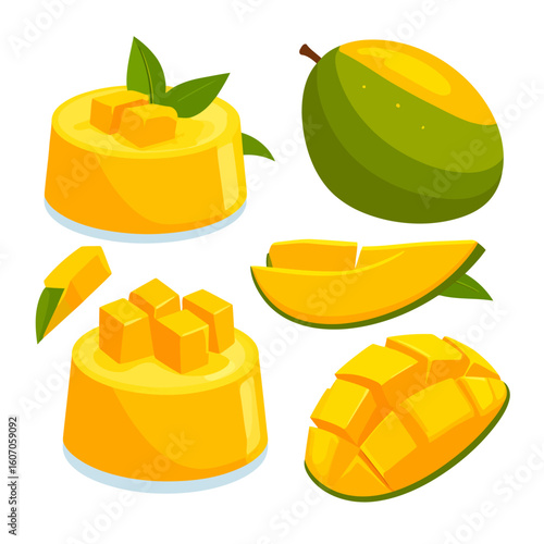 Illustrated set of fresh mango fruit, slices, and yellow pudding desserts.