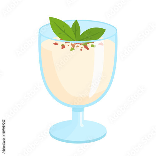 Creamy dessert in a blue glass goblet, garnished with fresh mint leaves and colorful sprinkles.
