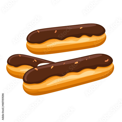 Three classic French eclairs with glossy chocolate glaze and nut sprinkles, vector illustration.
