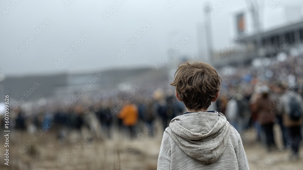 Fototapeta premium Enfant solitaire regardant la foule dans un champ brumeuse