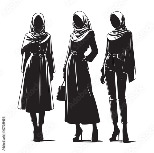 hijab style standing vector silhouette design white background