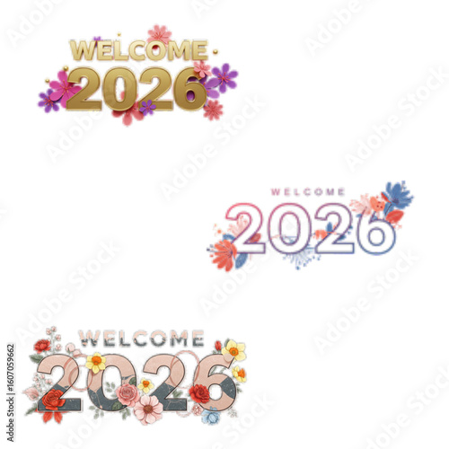 Celebrate new beginnings with vibrant floral 'Welcome 2026' designs, perfect for festive greetings and invitations.