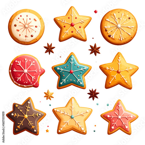 Festive assortment of colorful Christmas gingerbread cookies decorated with snowflake icing.