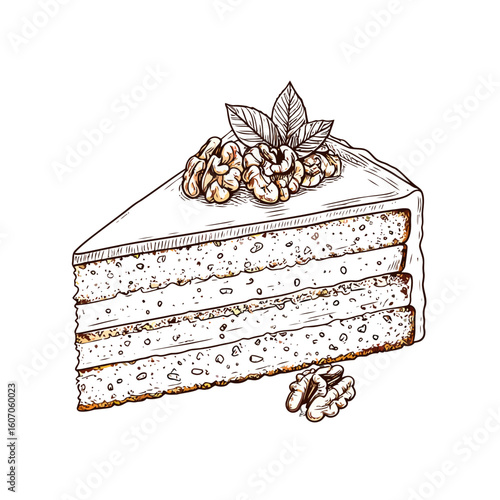 Illustrated slice of a layered walnut cake with creamy frosting, topped with walnuts and leaves.