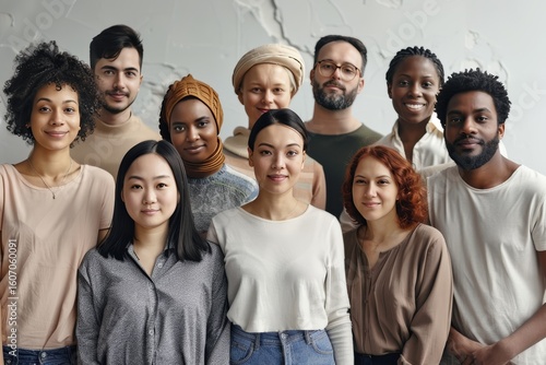 A diverse and inclusive group of individuals standing together, representing a mix of backgrounds and ages. Ideal for themes of community, teamwork, global connection, and human diversity.