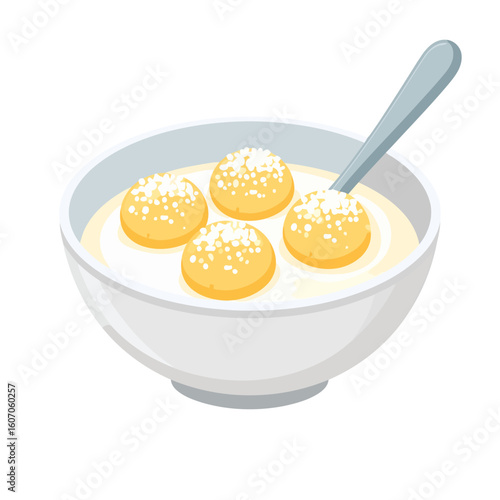 A cartoon illustration of a sweet dessert with yellow dumplings in creamy milk, topped with white sprinkles and served in a white bowl with a spoon.