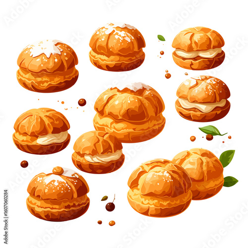 Assortment of golden-brown choux pastries, filled with cream and dusted with powdered sugar, in a clean illustrated style.