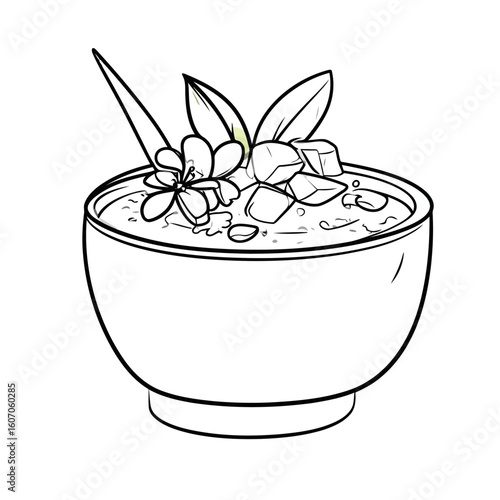 Hand-drawn line art of a tropical food bowl topped with diced fruit, a flower, and leaves.