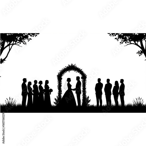 Elegant wedding ceremony silhouettes capture joyful union under floral arch with guests witnessing love