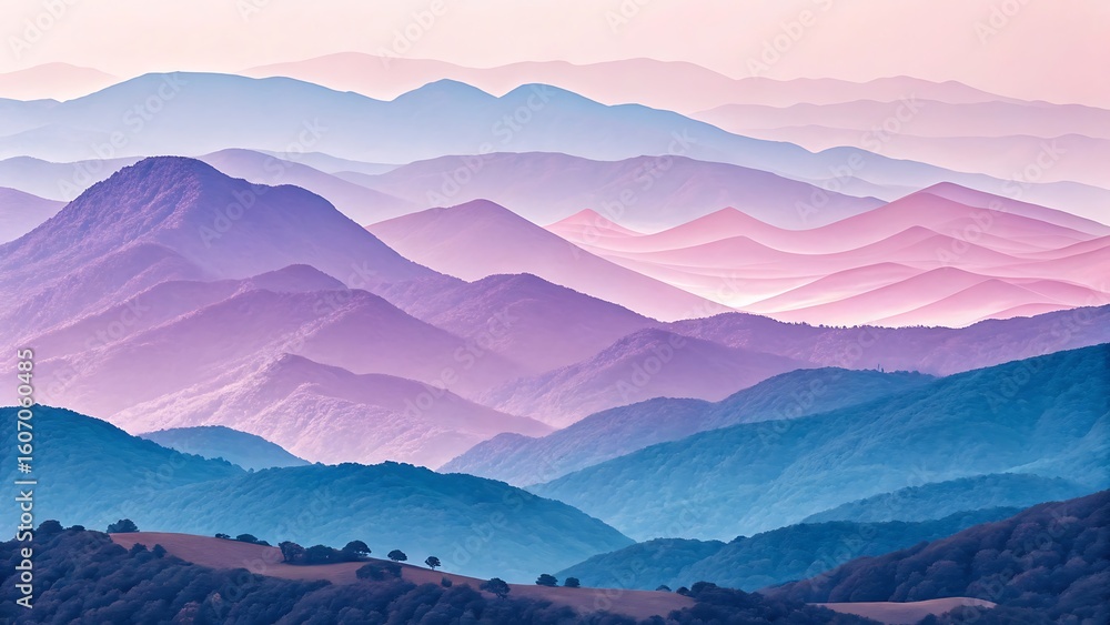 Obraz premium A surreal vista of layered mountain ranges disappearing into a misty pastel sky of pink, purple, and blue hues at dusk.