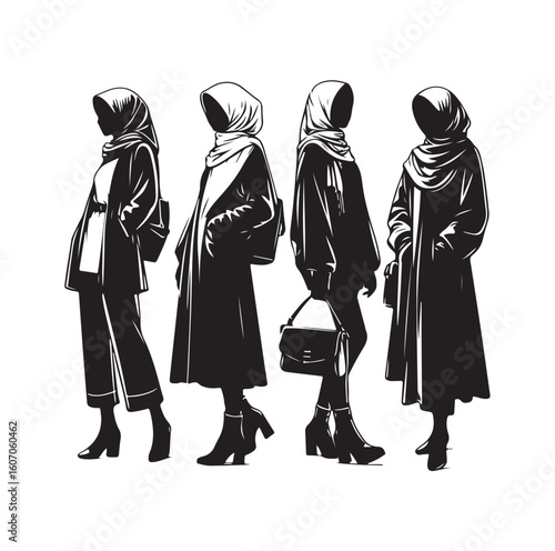 hijab style standing vector silhouette design white background