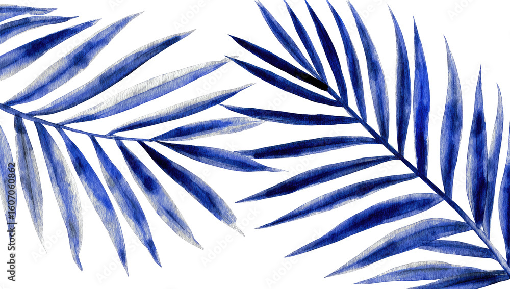 Obraz premium Two indigo palm fronds against a dark background. Watercolor style