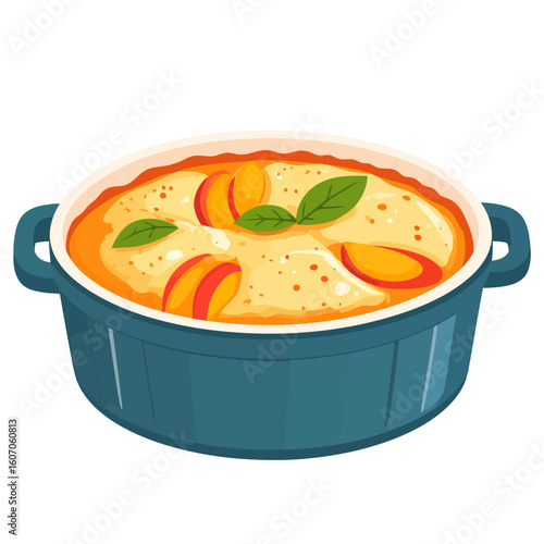 Warm peach cobbler dessert with fresh basil, baked in a blue ceramic casserole dish.