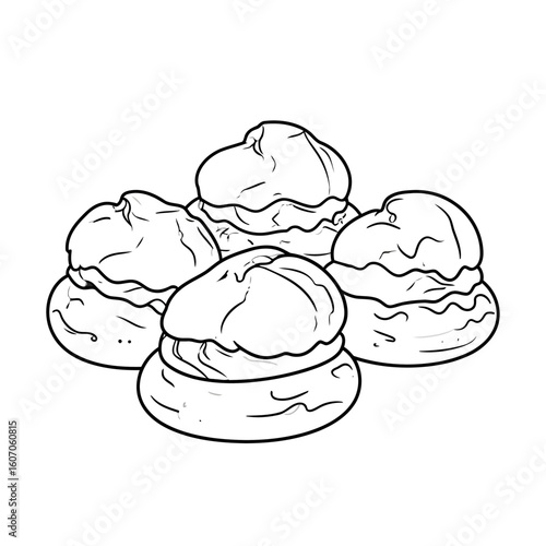 Hand-drawn illustration of four puffy cream puffs or profiteroles in a clean line art style.