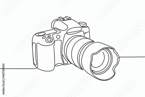 Minimalist line drawing of a professional camera with lens