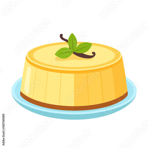 Smooth yellow custard flan garnished with a vanilla bean and fresh mint leaves.
