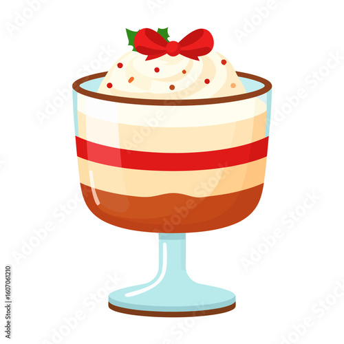 Festive Christmas trifle dessert with layers of cream, topped with a red bow and holly.