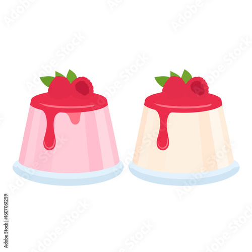 Two panna cotta desserts, pink and vanilla, with dripping raspberry sauce and fresh berries.