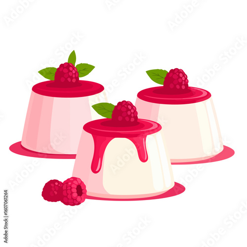 Three creamy panna cotta desserts with dripping raspberry sauce, fresh berries, and mint garnish.