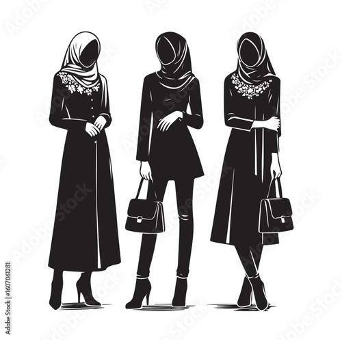 hijab style standing vector silhouette design white background