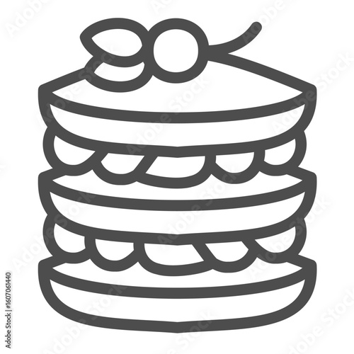 Puff pastry with cream and cherry line icon, desert sweets concept. Vector graphics. Baked pancakes sign on white background, outline style icon for mobile or web design.