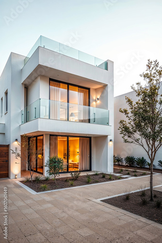 Modern Two-Story House with Glass Balcony at Dusk