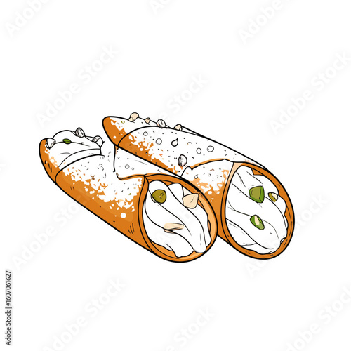 Two delicious Italian cannoli with creamy ricotta filling, garnished with pistachios and dusted with powdered sugar.