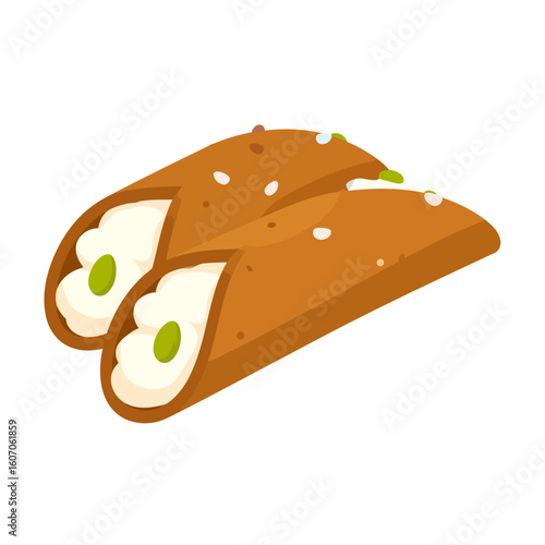 Two golden-brown cannoli pastries with creamy ricotta filling and pistachio garnish.