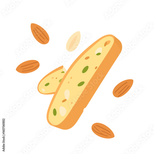 Crispy Italian almond and pistachio biscotti slices in a flat vector illustration style.