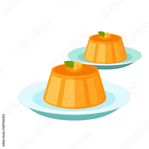 Two servings of glossy orange caramel flan, garnished with a fruit slice and a mint leaf.