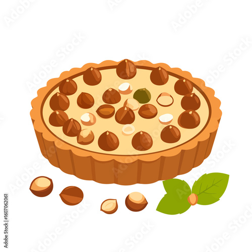 Whole hazelnut tart with a creamy custard filling, fluted pastry crust, and fresh mint garnish.