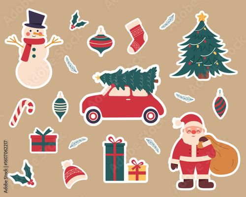 Christmas elements Santa Claus, snowman, Christmas tree, candy cane, ornaments,gifts stickers on retro background.Vector illustration cartoon flat style. Merry Christmas decorations.