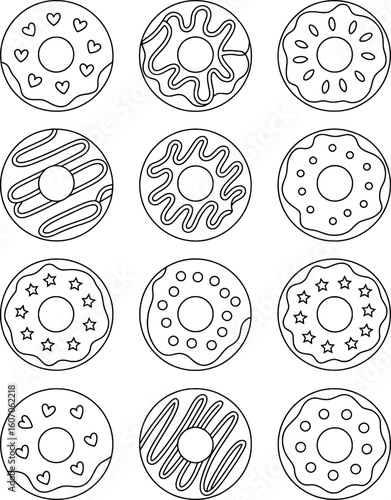 Assortment of decorative donuts with various toppings and patterns sweet pastry