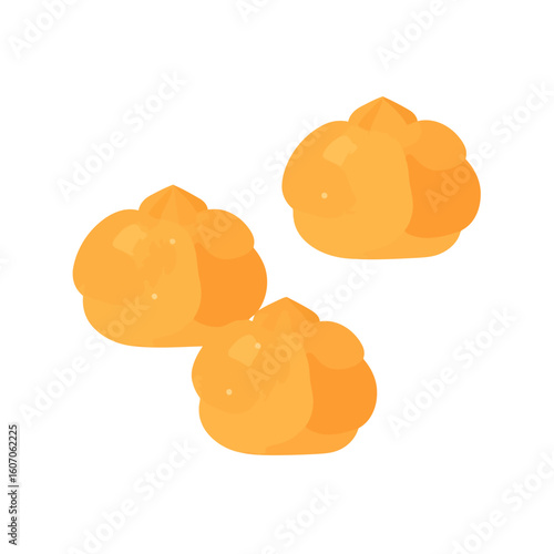 Three golden yellow cream puffs, a classic French pastry illustration with a glossy sheen.