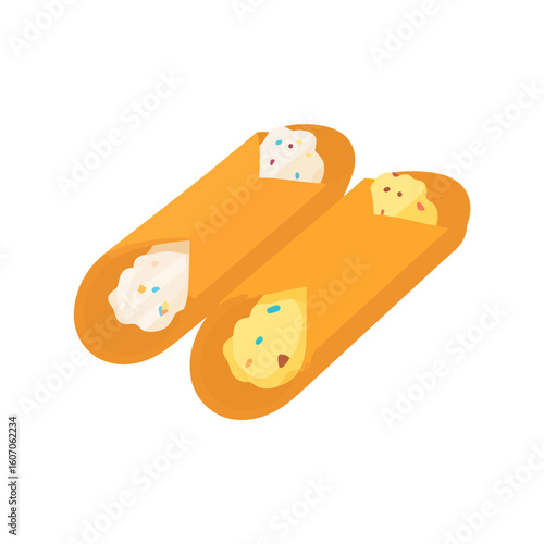Two classic Italian cannoli pastries with sweet, creamy ricotta filling and colorful sprinkles. Flat vector illustration.