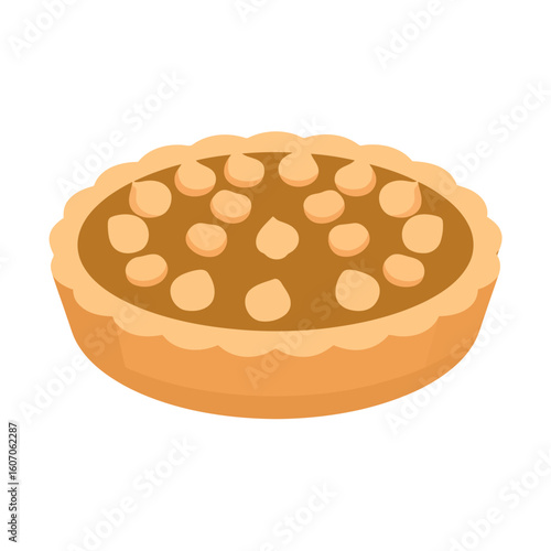 Whole nut pie with a golden fluted crust and caramel filling, flat vector illustration.