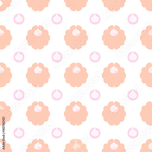 A seamless pattern of stylized peach-colored scalloped flowers with white accents and pink rings.